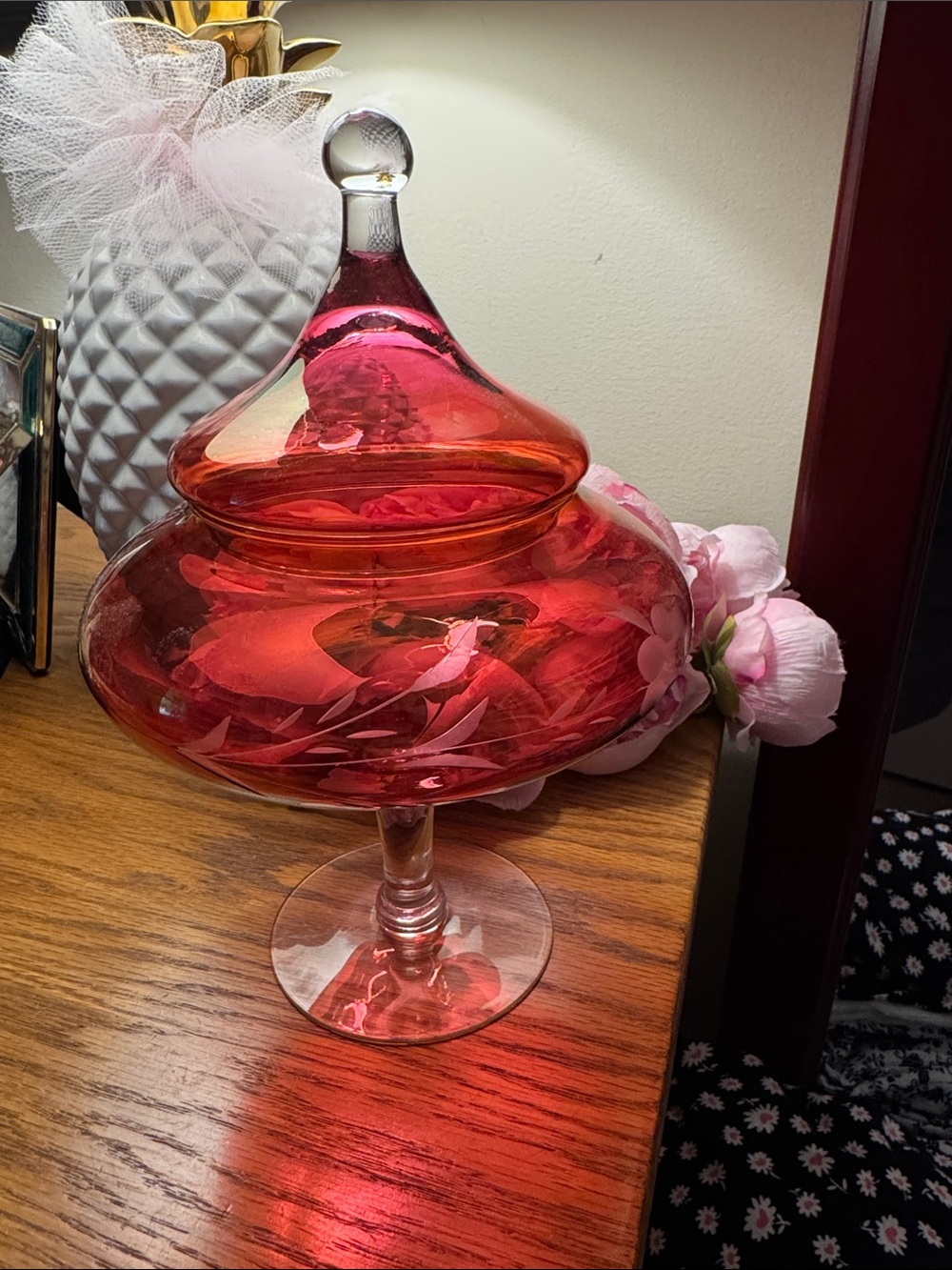 Pink Glass Compote with Lid - Brand